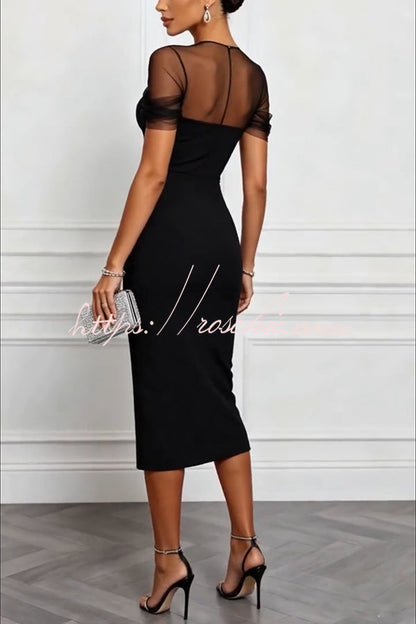 Emilie Mesh Sleeve Patchwork Sweetheart Neck Stretch Midi Dress