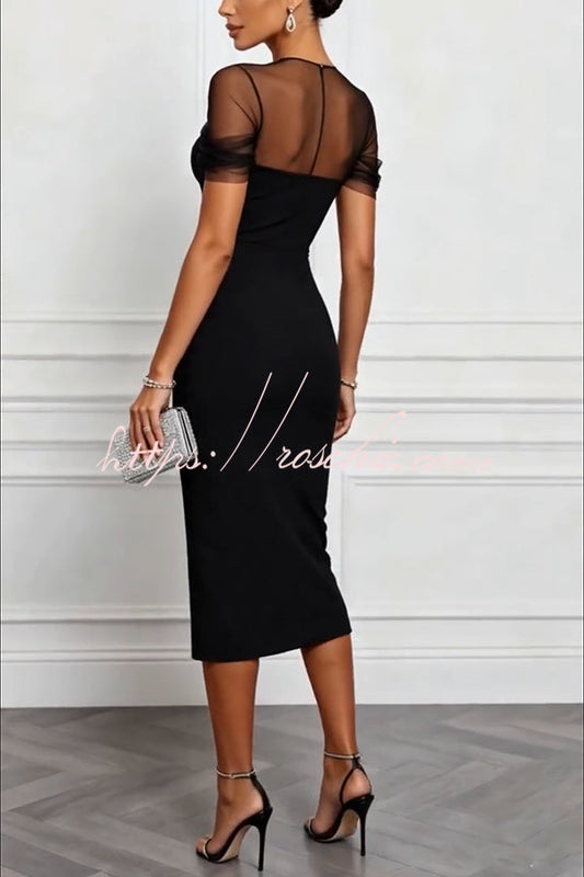 Emilie Mesh Sleeve Patchwork Sweetheart Neck Stretch Midi Dress