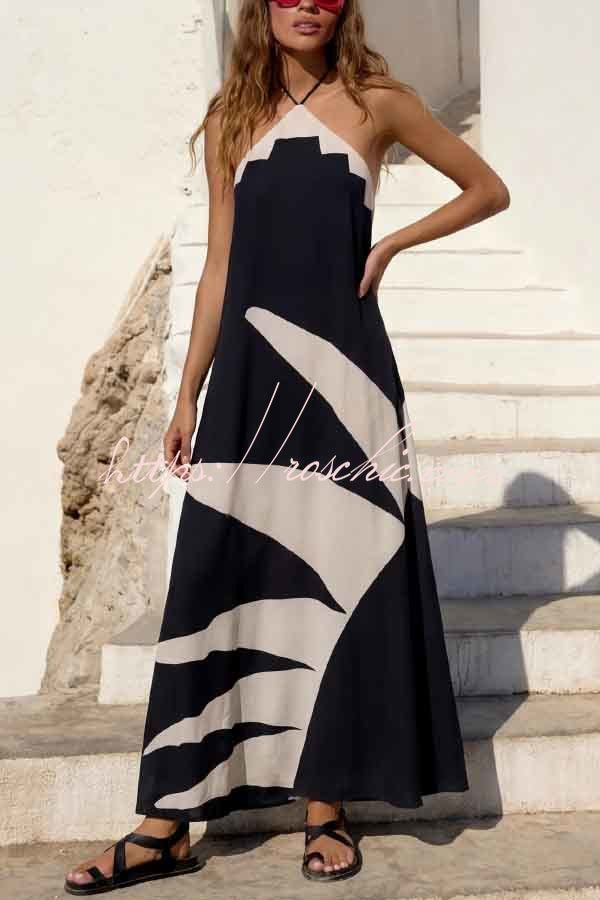 Stylish Color-blocked Print Halter Neck Backless Casual Vacation Maxi Dress