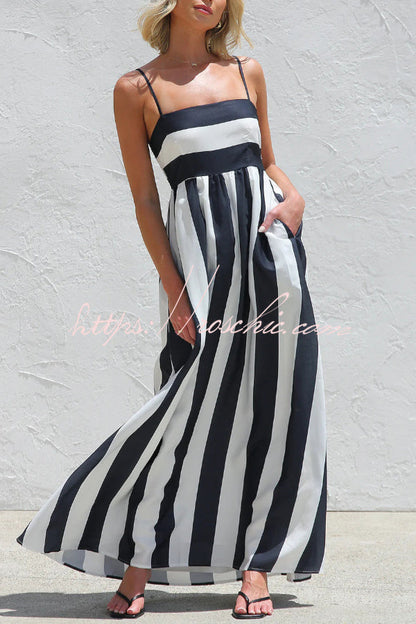 Color-blocked Striped Print Square Neck Suspender Casual Pocket Maxi Dress