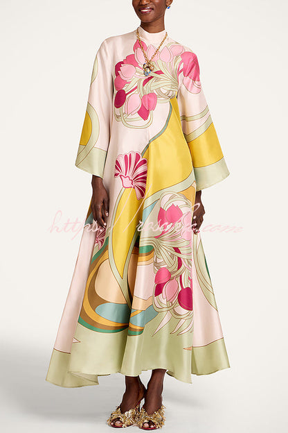 Darla Satin Colorful Baroque Style Printed Tie-up Neck Bell Sleeve Maxi Dress