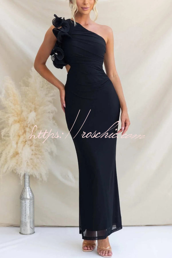 Fashionable Mesh Sleeveless One-shoulder Waist-revealing Maxi Dress