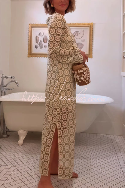 Summer Fashion Floral Crochet Cutout Fabric Long Sleeve Slit Vacation Midi Dress