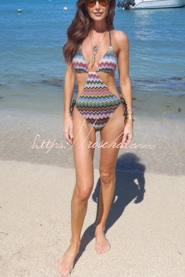 Luccia Colorful Zigzag Pattern Cutout Waist Tie-up Stretch One-piece Swimsuit