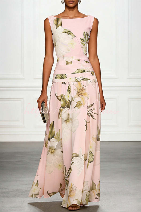 Classic Floral Print Boat Neck Ruched Waist Sleeveless A-Line Maxi Dress
