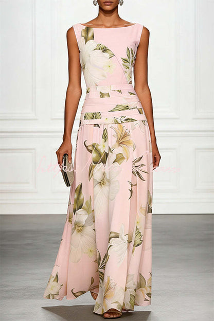 Classic Floral Print Boat Neck Ruched Waist Sleeveless A-Line Maxi Dress
