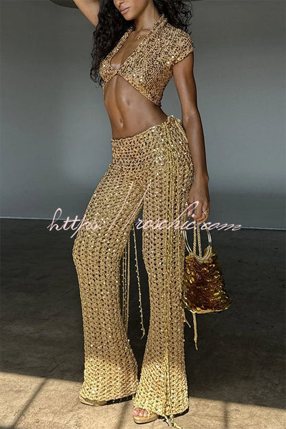 Gold Coast Knit Sequin Fabric Short Sleeve Crop Top and Adjustable Beaded Waist Loose Pants Set