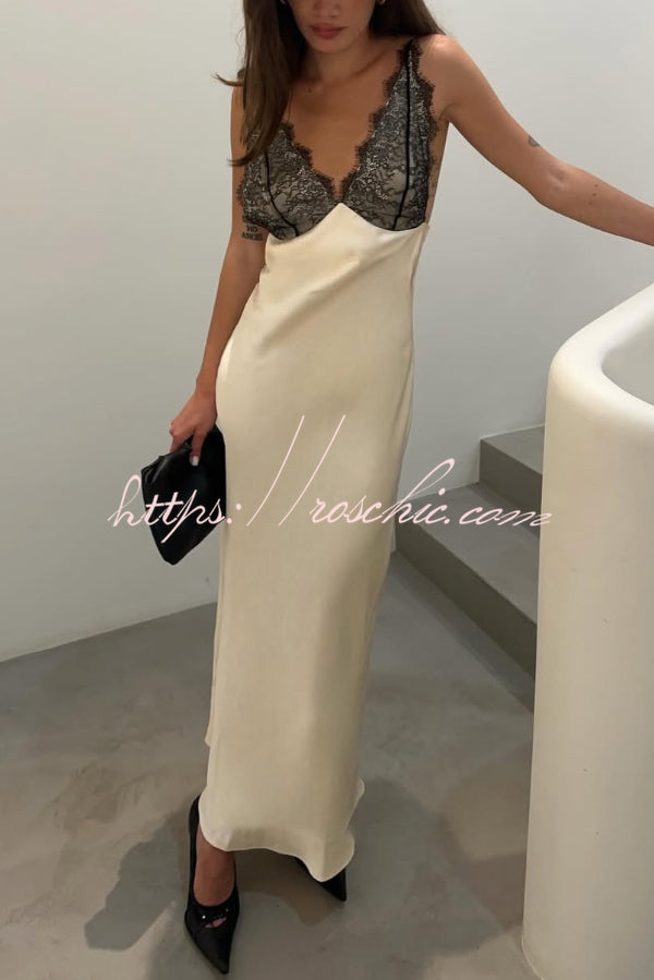 Fashionable Satin Lace Patchwork Spaghetti Strap Backless Elegant Slim-fit Maxi Dress