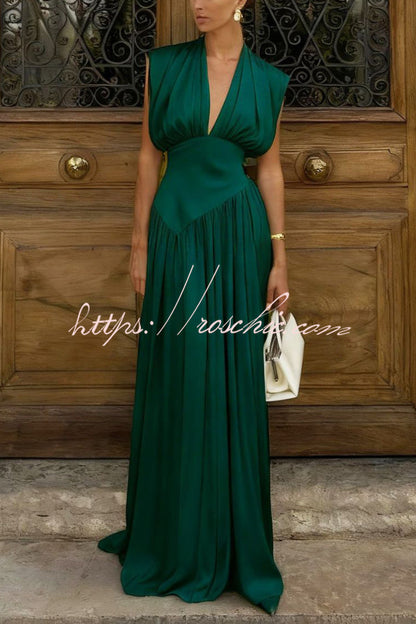 Elegant V-neck Sleeveless Fitted Waist High Slit Vacation Maxi Dress