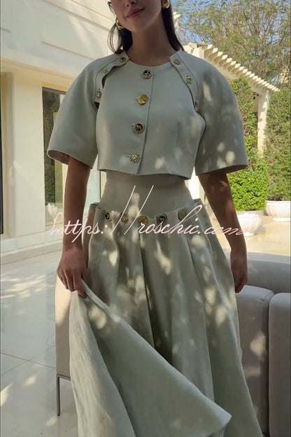 Custom Look Linen Blend Unique Metal Pattern Buttons Lace-up Waist Crisp Hem Maxi Skirt