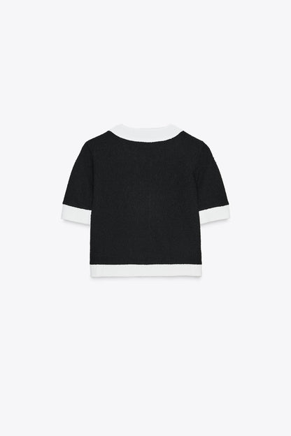 Fashionable Contrast Color Knitted Short-sleeved Button-down Top
