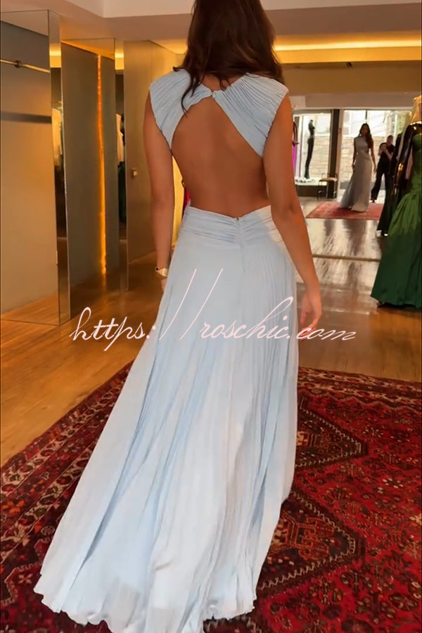 Tamia Pleated Chiffon Fabric Crossover Cutout Waist Open Back Maxi Dress