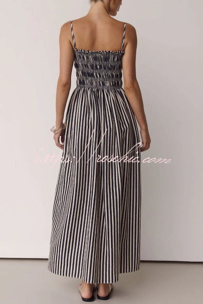 Striped Print Spaghetti Strap Pleated Pocket Casual Vacation Maxi Dress