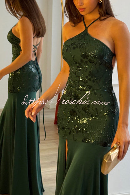 Fashionable Sequined Halter Neck Elegant Slim-fit Slit Maxi Dress