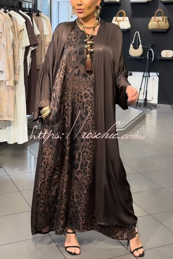 Mira Satin Leopard Print Sleeveless Pocket Maxi Dress and Batwing Sleeve Kimono Two Pieces Set