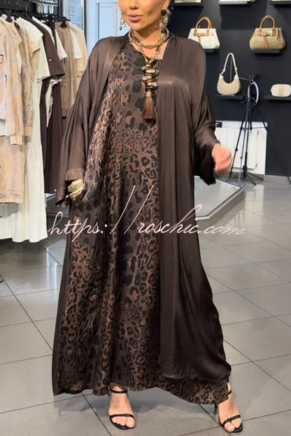Mira Satin Leopard Print Sleeveless Pocket Maxi Dress and Batwing Sleeve Kimono Two Pieces Set