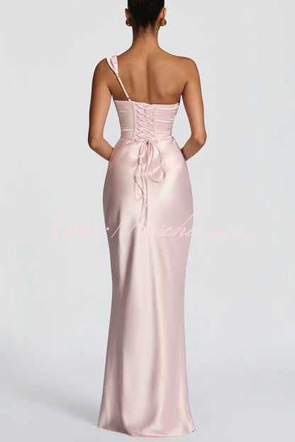 Thalassa Satin One Shoulder Scooped Neck Bias Cut Pleated Maxi Dress