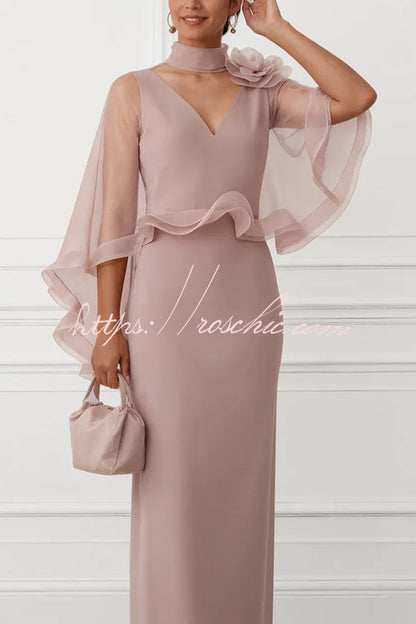 Tallisa 3D Floral Mesh Mock Neck Half Cape Sleeve Gown Maxi Dress