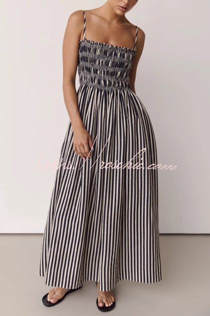 Striped Print Spaghetti Strap Pleated Pocket Casual Vacation Maxi Dress