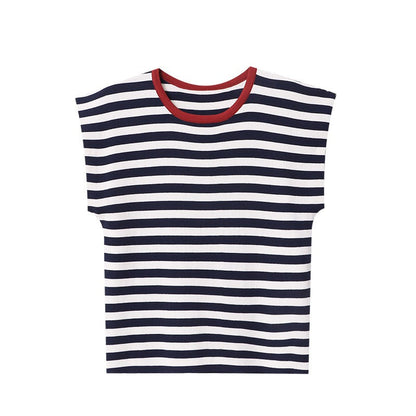 French Layered Striped Small Fly Sleeve Crew Neck Knitted Sweater T-Shirt