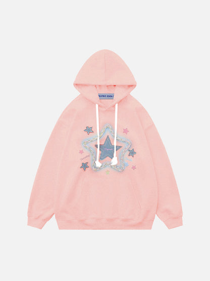 Denim Star Applique Embroidery Hoodie