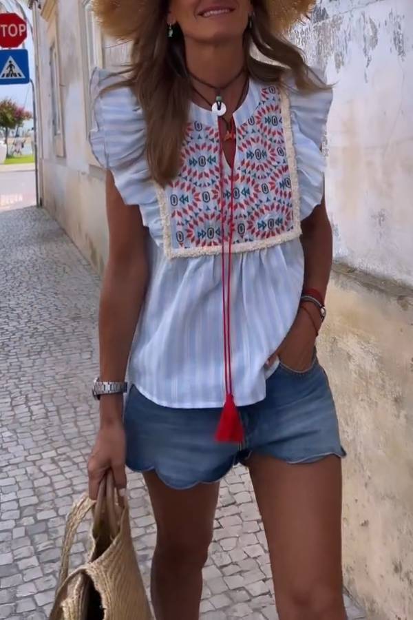 Striped Embroidered Tassel Ruffle Sleeveless Top