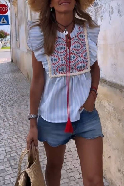 Striped Embroidered Tassel Ruffle Sleeveless Top