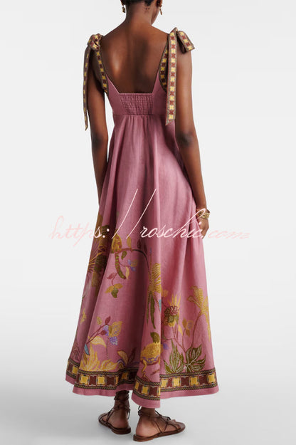 Linen Blend Unique Printed Tie-up Suspenders Pocket Elegant Vacation Maxi Dress