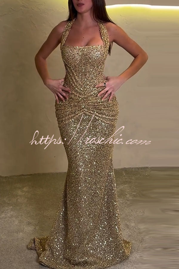 Velda Sequin Halter Square Neck Ruched Waist Back Lace-up Drape Flare Maxi Dress