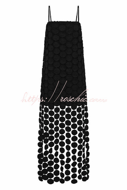 Juju Embroidered Cutout Polka Dots Square Neck Tassel Hem Slip Maxi Dress