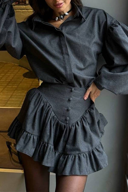 Retro puff sleeve shirt + ruffled high-waisted mini skirt set