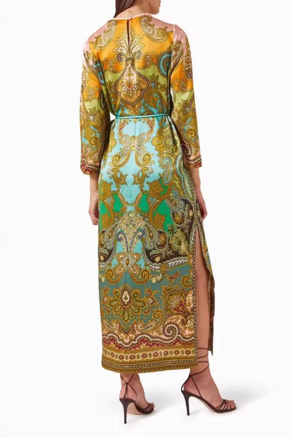 Paisley Print Tie-Waist Slit Maxi Kaftan Dress