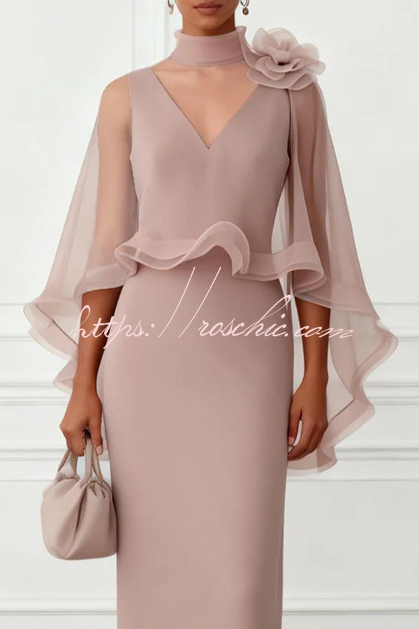 Tallisa 3D Floral Mesh Mock Neck Half Cape Sleeve Gown Maxi Dress