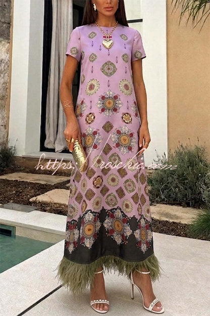 Lucia Satin Baroque Court Style Printed Short Sleeve Pocket Feather Trim Maxi Dress