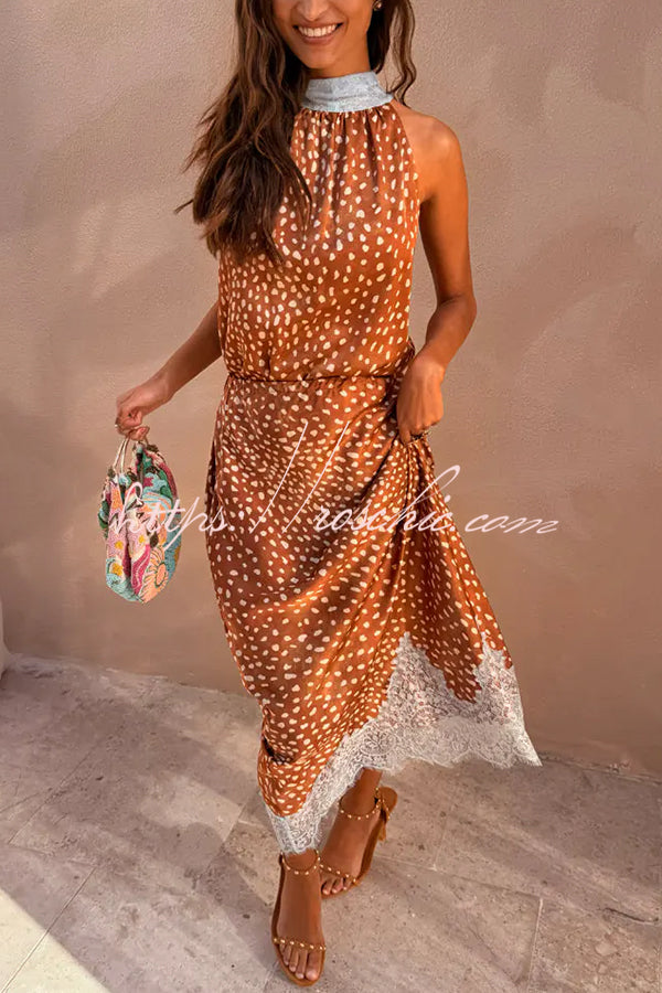 Stunning Fawn Print Contrast Color Satin Lace Trim Mid Rise Maxi Skirt
