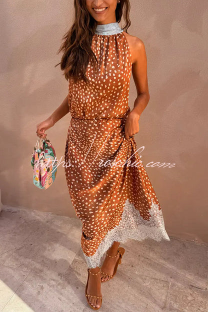 Stunning Fawn Print Contrast Color Satin Lace Trim Mid Rise Maxi Skirt