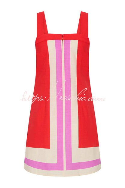 Mika Linen Blend Contrast Color Lines Square Neck Loose Mini Dress
