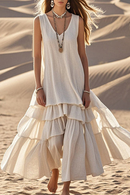 Linen Blend V-neck Sleeveless Loose Full Hem Midi Dress