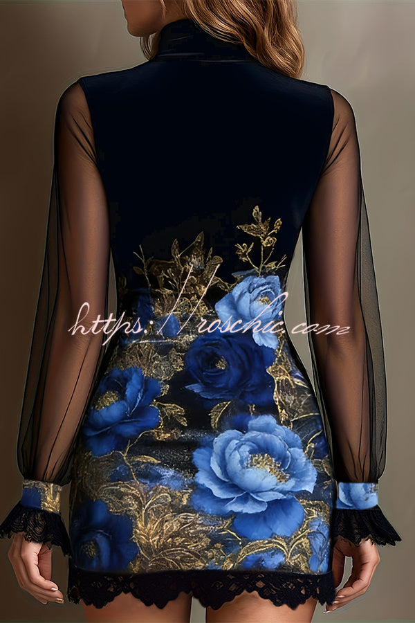 Enchanted Garden Sheer Mock Neck Velvet Dress