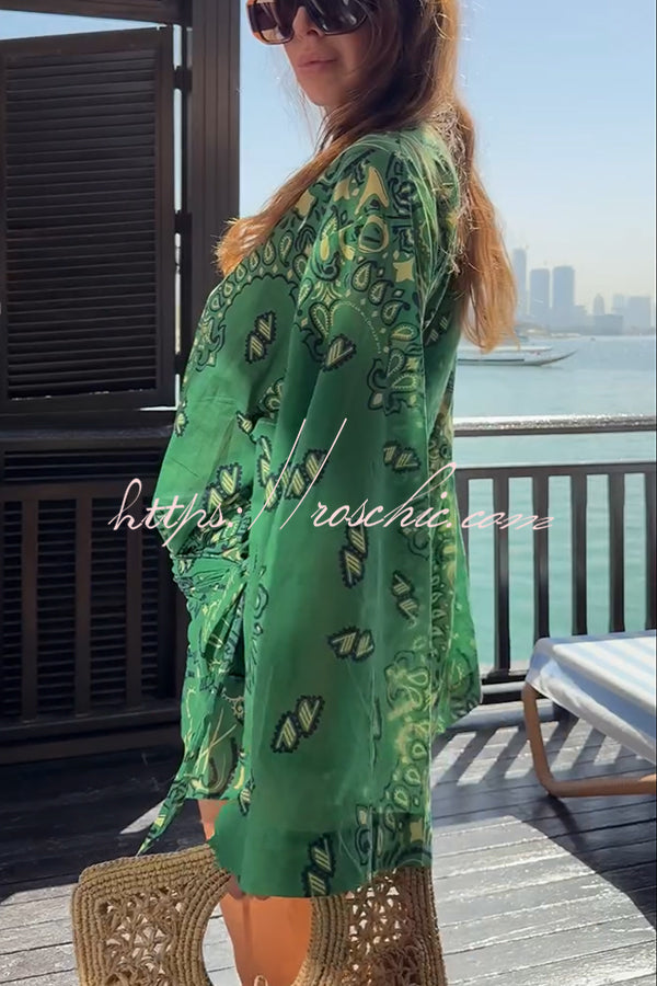 Sulena Linen Blend Ethnic Print Button Up Long Bell Sleeve Warp Tie-up Mini Dress