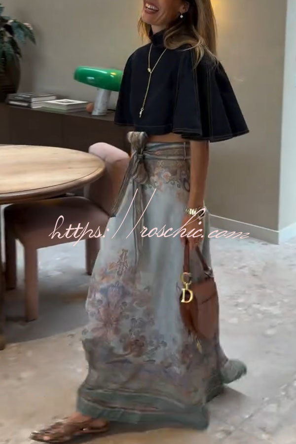 Next Vacation Denim Mock Neck Short Flutter Sleeves Crop Top
