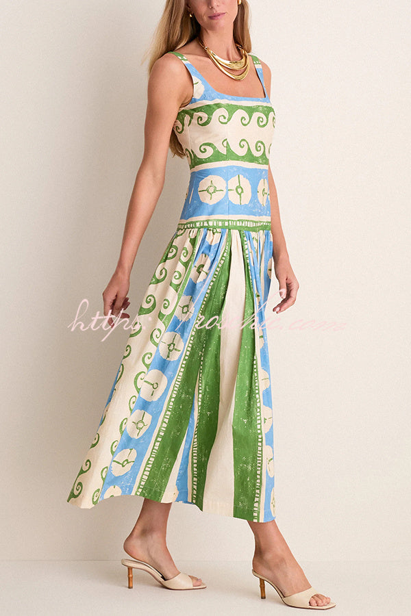 Breezy Linen Blend Fresco-inspired Print Square Neck Drop Waist Midi Dress