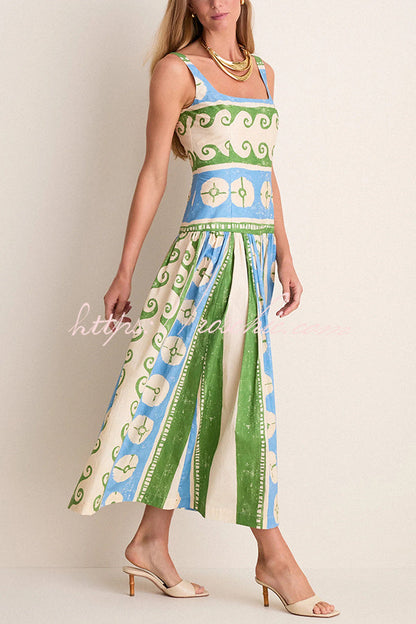 Breezy Linen Blend Fresco-inspired Print Square Neck Drop Waist Midi Dress