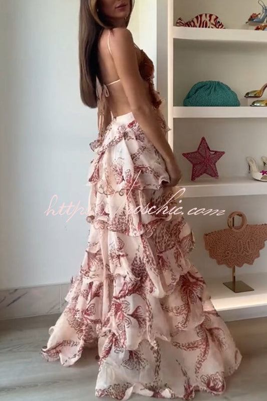 Ariae Butterfly Print Multi-layered Ruffles Backless Tie-up Maxi Dress