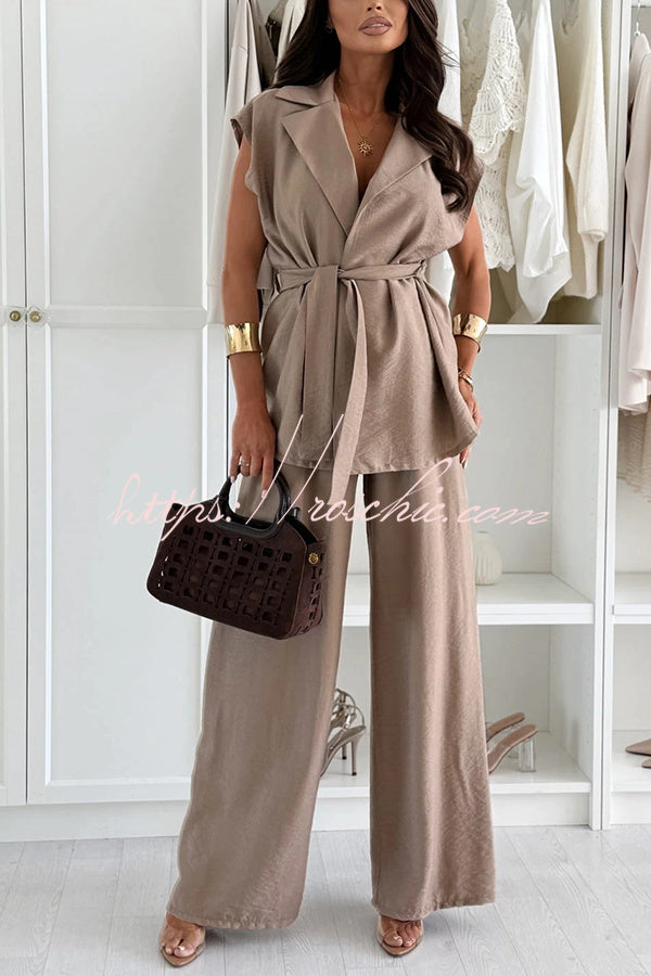 Darla Linen Blend Sleeveless Tie-up Lapel Top and Elastic Waist Wide Leg Pants Set