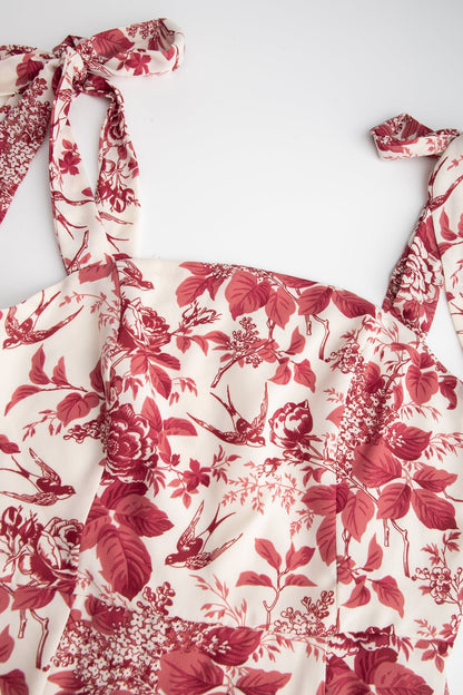 Dark Red Floral Print Tie Strap Slit Hem Midi Dress
