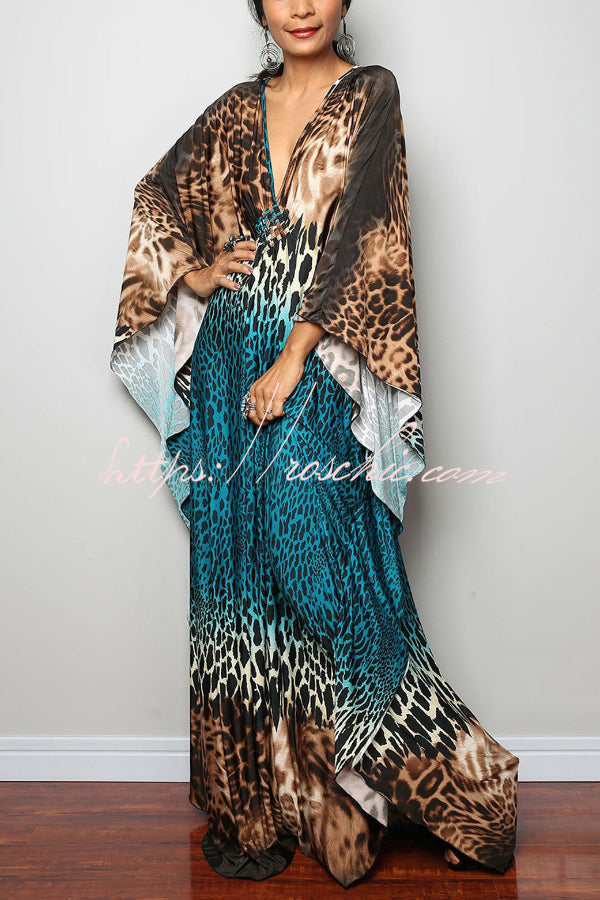 Unique Print Loose V-Neck Batwing Sleeve Casual Maxi Dress
