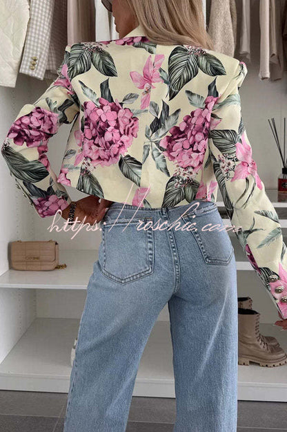 Picture Perfect Botanical Floral Print Long Sleeve Lapel Crop Blazer
