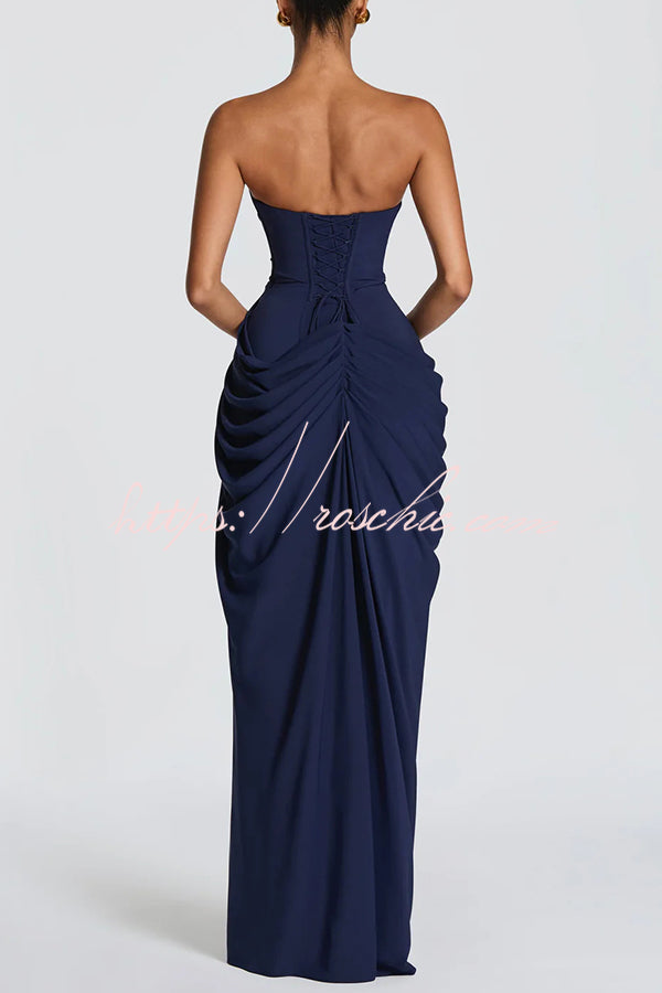 Cyra Back Lace-up Asymmetrical Pleats Strapless Slit Maxi Dress(Buy 2 Get Free Shipping)