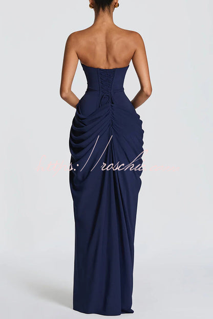 Cyra Back Lace-up Asymmetrical Pleats Strapless Slit Maxi Dress(Buy 2 Get Free Shipping)